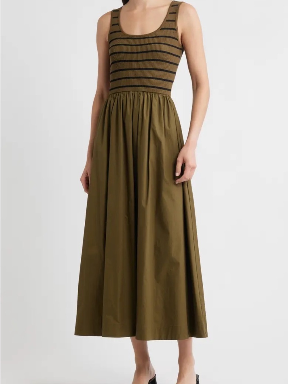 Moon River Olive Green Striped Rib-Knit Maxi Dress